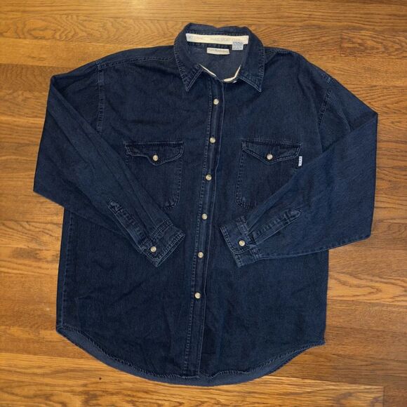 VTG 80s Paris Sport Club Button Up Dark Wash Denim Western Preppy Women Large - Picture 2 of 6